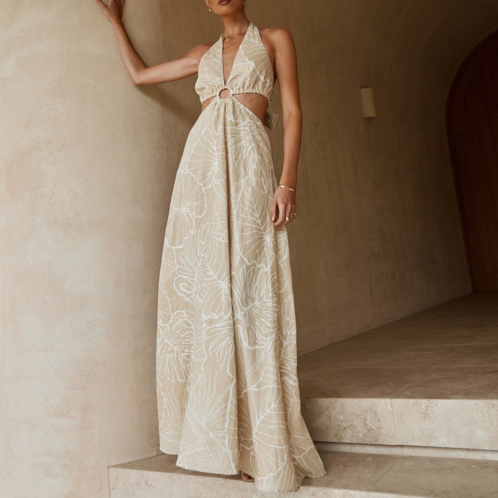 DIISH | MALTA BEIGE PALM LINEN RING DRESS - Size 8 in a stunning Beige shade!